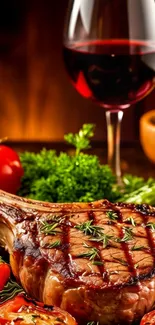 Grilled steak with herbs and red wine glass