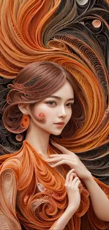 Artistic wallpaper featuring a woman with swirling orange patterns.