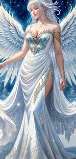 Ethereal angel in a white gown, with wings, in a fantasy art setting.