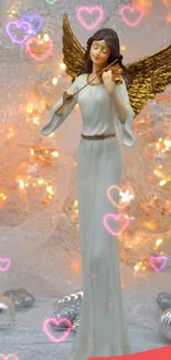 Elegant angel figurine with golden wings against glowing background.