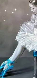 Ballerina in white tutu and blue shoes sitting elegantly on a chair.