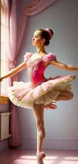 Ballerina in pink tutu dances gracefully in a pastel room.