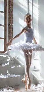 Ballet dancer in white tutu posing gracefully with feathers in a sunlit studio.