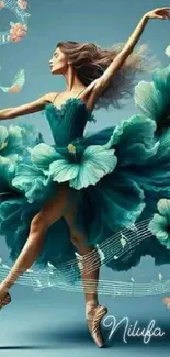 Graceful ballerina in a turquoise dress with floral accents and musical notes.