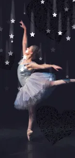 Ballet dancer in elegant pose with stars and hearts on dark background.