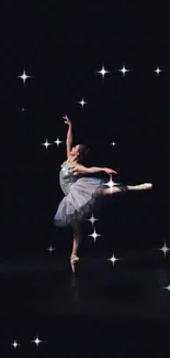 Ballet dancer elegantly posing on a dimly lit stage with a graceful stance.