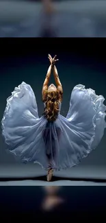 Graceful ballet dancer in motion on a dark elegant stage, wearing a flowing gown.