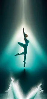 Ballet dancer in spotlight over water splash, creating a dynamic artistic wallpaper.