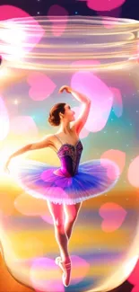 Ballerina in glowing jar with colorful lights.