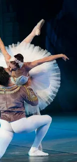 Ballet dancers perform gracefully on stage in elegant attire.