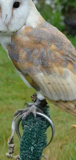 Barn owl perched with a blurred green background in a nature setting