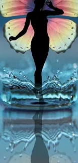 Silhouette with butterfly wings over water splash.