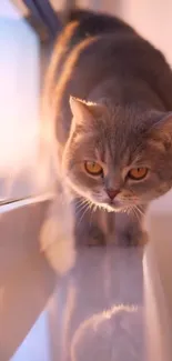 A graceful cat sits on a windowsill at sunset.