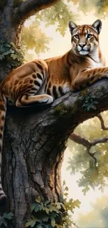 Cougar lounging on a tree in a natural setting.
