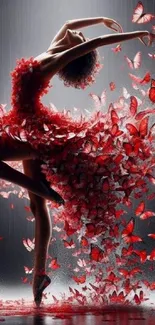 Elegant dancer surrounded by red butterflies in a stunning artistic pose.