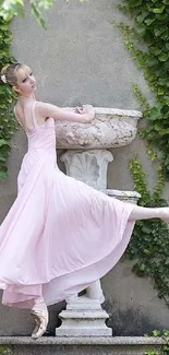 Ballerina in elegant pose with green vines in the background.