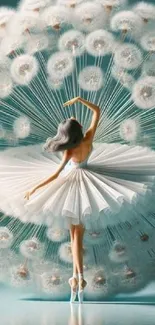 Ballerina twirls amidst dandelion art on wallpaper.