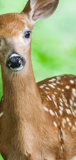 Graceful deer standing in a green forest setting.