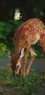 Deer grazing in a lush green forest landscape.