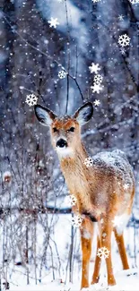 Deer in a snowy forest during wintertime.