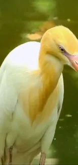 Graceful egret standing by a calm, reflective water surface.