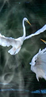 Two egrets gracefully flying over dark water.