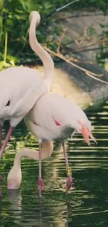 Two elegant flamingos wading in a serene water setting.