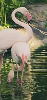 Two flamingos stand gracefully by the water.