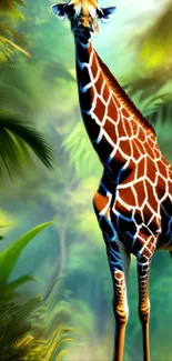 Giraffe standing in lush green jungle, vibrant wallpaper.