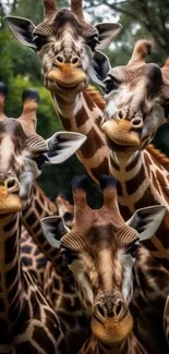 Four giraffes posing majestically in a lush forest setting, perfect for mobile wallpaper.