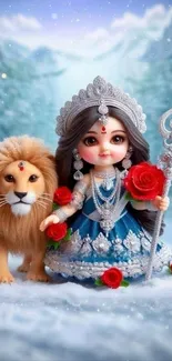 Goddess doll with lion in a snowy forest setting.