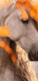 Graceful white horse with orange highlights in soothing backdrop.