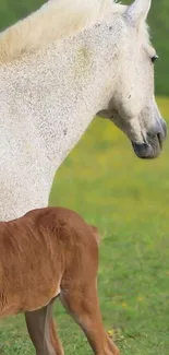 White horse with foal in a lush green meadow.