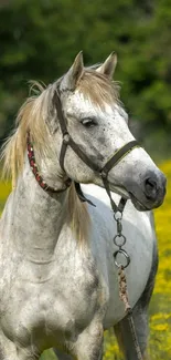 White horse in a vibrant meadow with yellow flowers and green background.