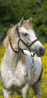 White horse stands gracefully among bright yellow meadow flowers.