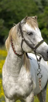 White horse standing in yellow wildflower field.