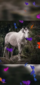 White horse with vibrant butterflies in a lush forest setting.