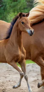 Running mare and foal in a serene natural setting.