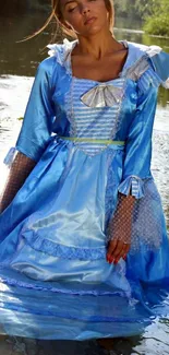 Woman in blue dress standing in a river, serene setting.