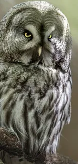 Majestic owl perched on branch, showcasing its graceful plumage.