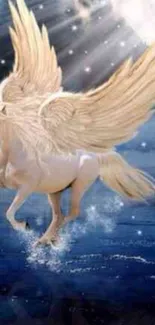 Majestic Pegasus flying against a starry night sky with wings outspread.