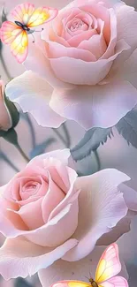 Soft pink roses with colorful butterflies enhance this elegant wallpaper.