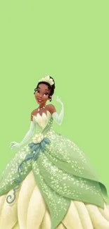 Animated princess in green dress on light green background wallpaper.