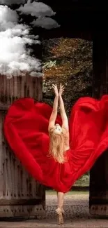 Dancer in vibrant red dress against rustic doors.