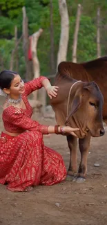 Woman in red dress interacting with cow in rural setting.