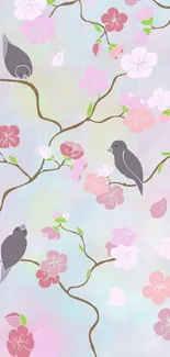 Mobile wallpaper with sakura branches and birds in pastel hues.