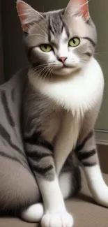 Elegant gray striped cat with green eyes sitting gracefully.