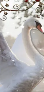 Graceful swan with sparkling lights and ornate floral design.