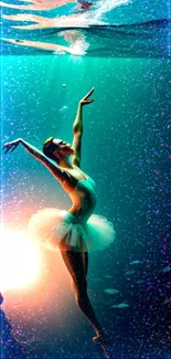 Ethereal ballerina performing underwater with vibrant teal backdrop.