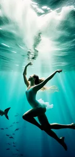 Ballerina performing underwater surrounded by marine life and a shark.